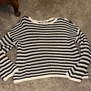 LOFT Black and White Striped Crew Neck Sweater